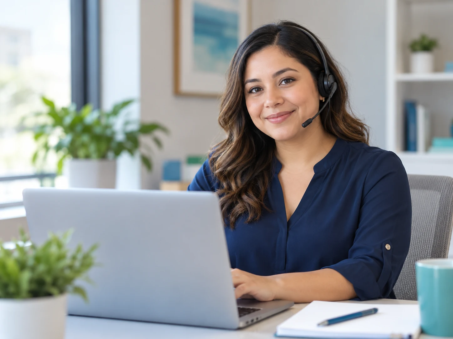 An administrative coordinator wearing a headset at a laptop in a bright office